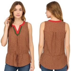 Charming Charlie Womens Tunic Top Size S Orange Chevron V Neck Sleeveless